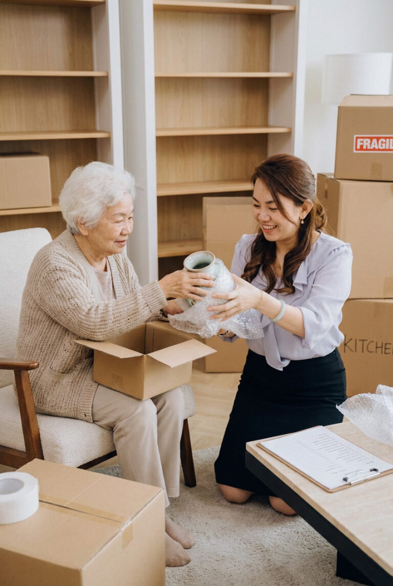 Gloria Liu, Oakville Senior Real Estate Specialist, providing compassionate downsizing consultation to senior clients regarding emotional support and moving checklists.
