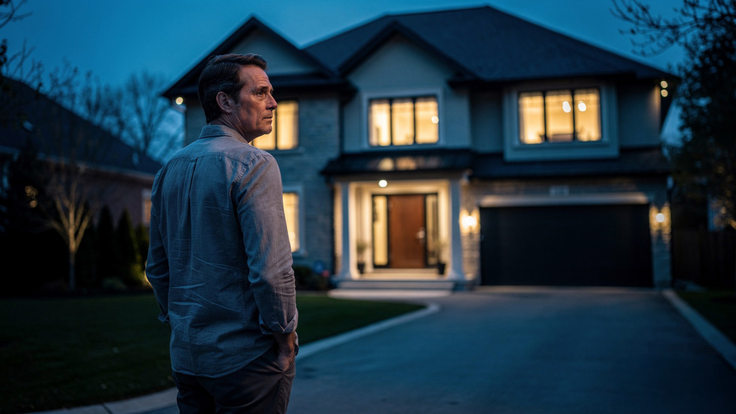a wide cinematic street level shot of a man in his